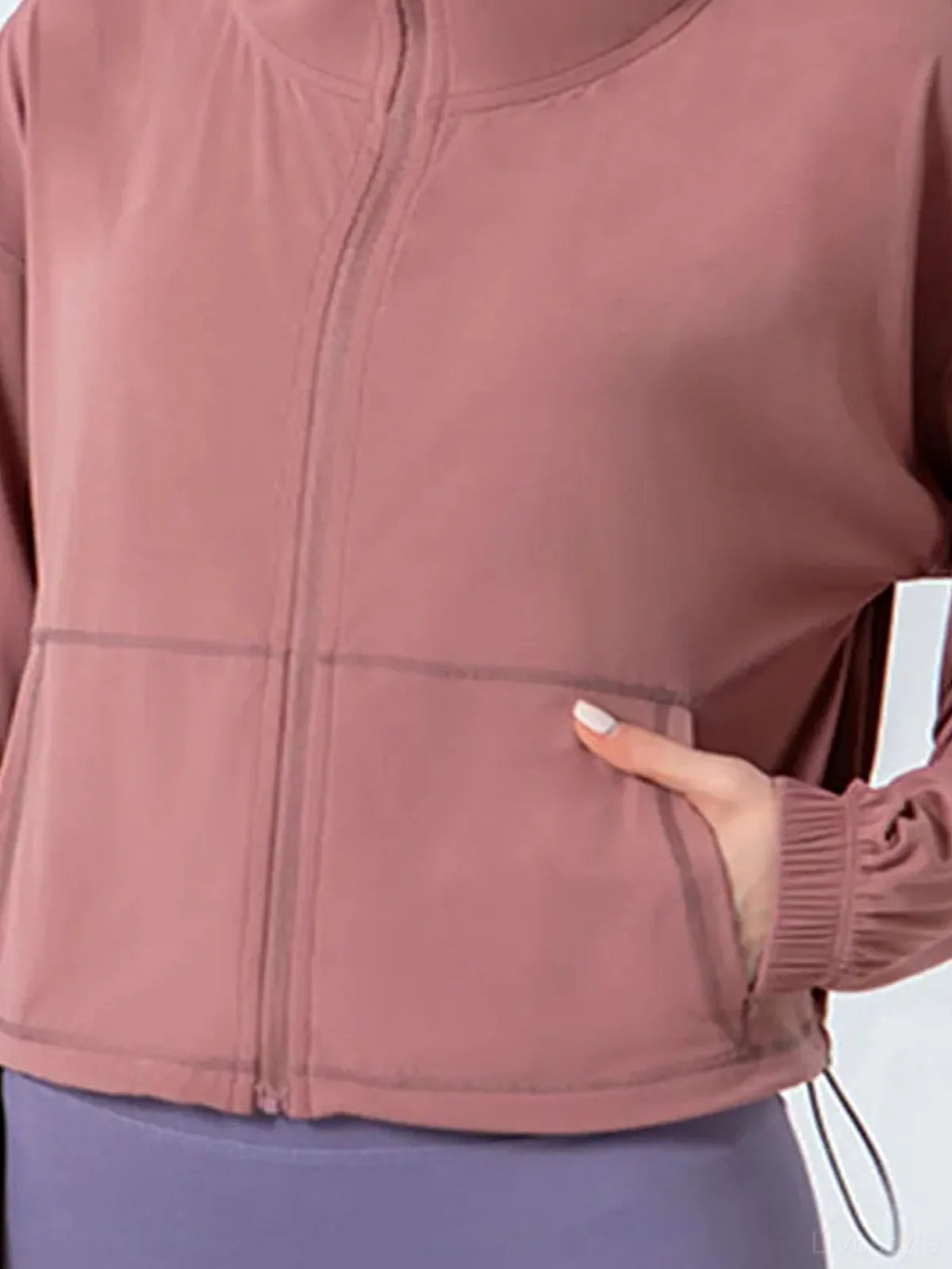 Drawstring Zip Up Dropped Shoulder Active Outerwear — detail view — Livostyle