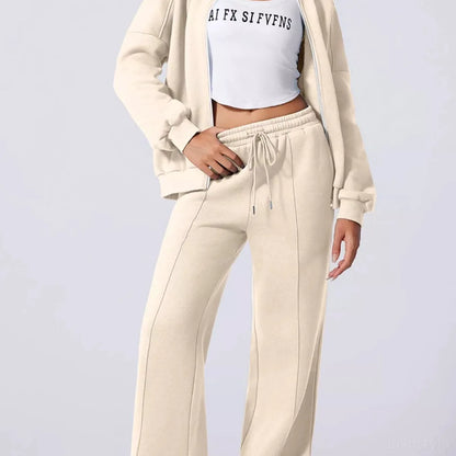Drop Shoulder Zip Up Jacket and Drawstring Pants Active 2pcs — square view — Livostyle