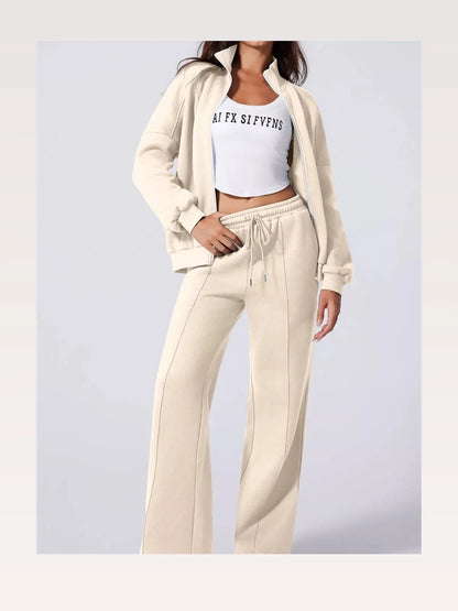 Drop Shoulder Zip Up Jacket and Drawstring Pants Active 2pcs — styled showcase — Livostyle