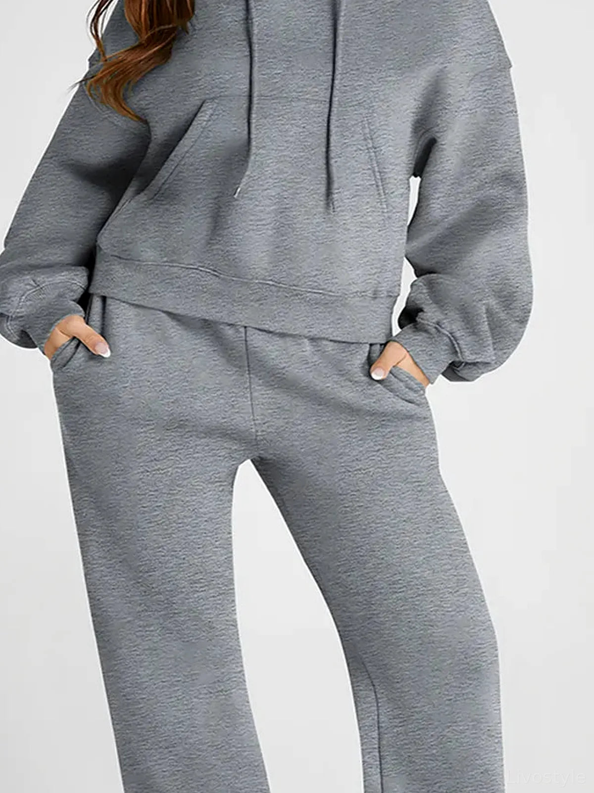 Dropped Shoulder Hooded Top and Pants Active Set — detail view — Livostyle