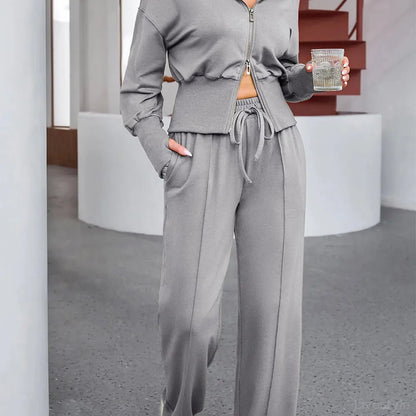 Dropped Shoulder Hoodie and Drawstring Pants Active Set — square view — Livostyle