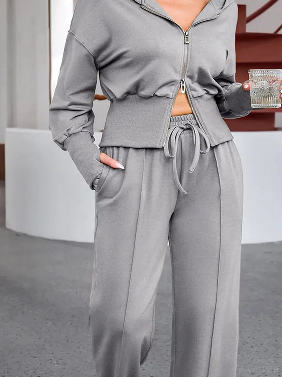 Dropped Shoulder Hoodie and Drawstring Pants Active Set — detail view — Livostyle