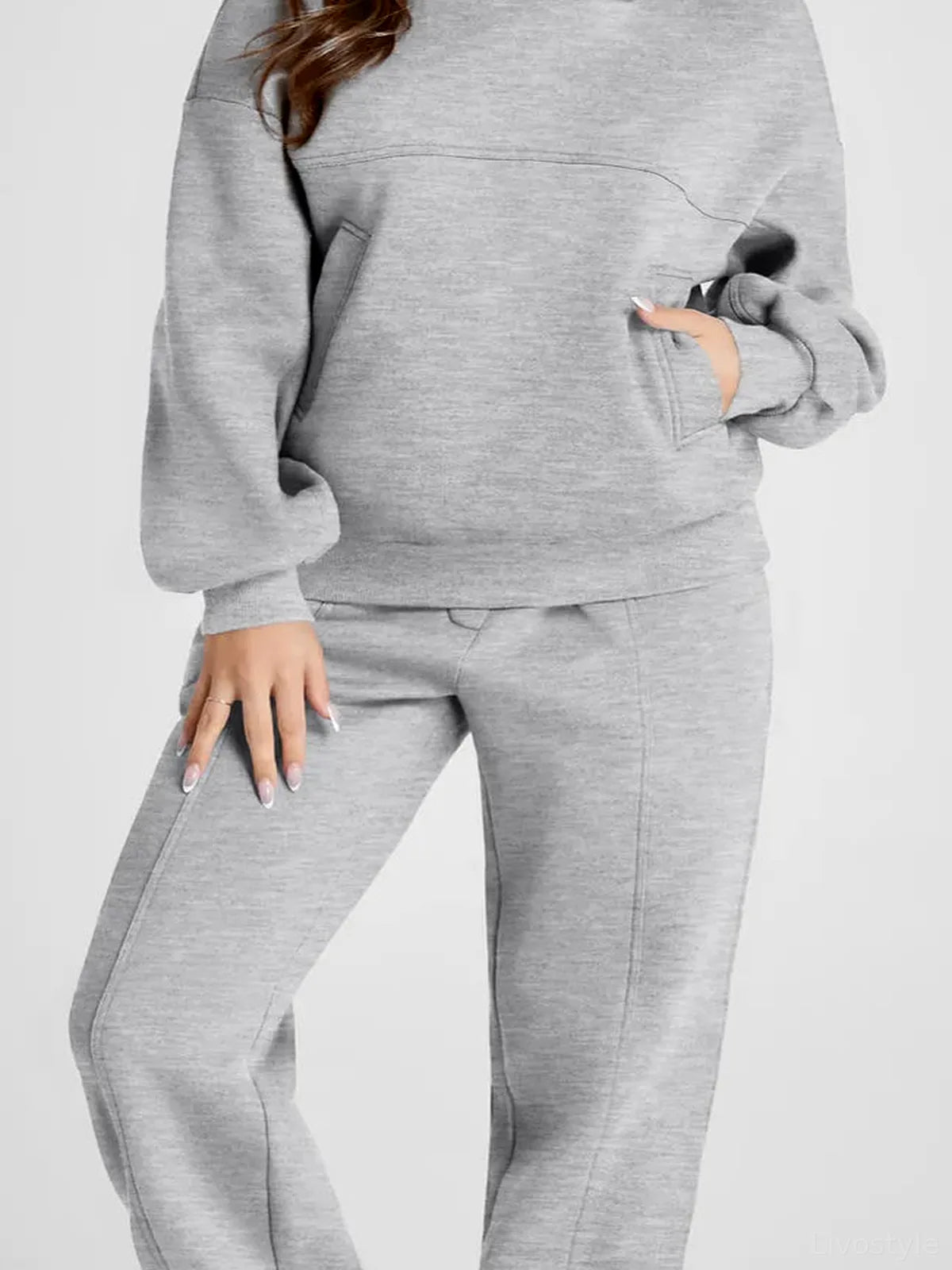 Dropped Shoulder Long Sleeve Hoodie and Pants Active Set — detail view — Livostyle