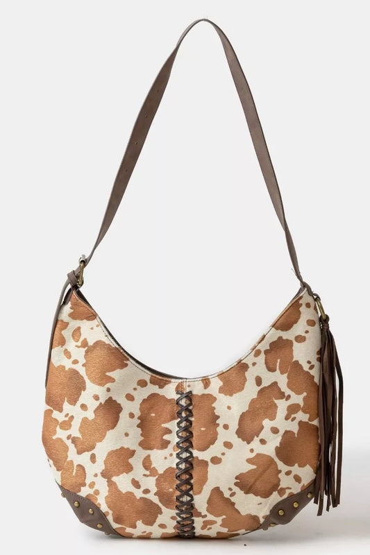 Cow Print Hobo Shoulder Bag with Studded Details in Brown — Livostyle