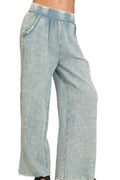 Blue Grey Washed Double Gauze Elastic Band Waist Pants