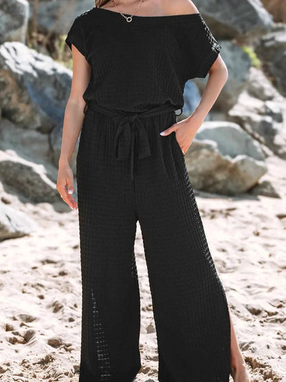 One Shoulder Short Sleeve Knotted Waist Jumpsuit