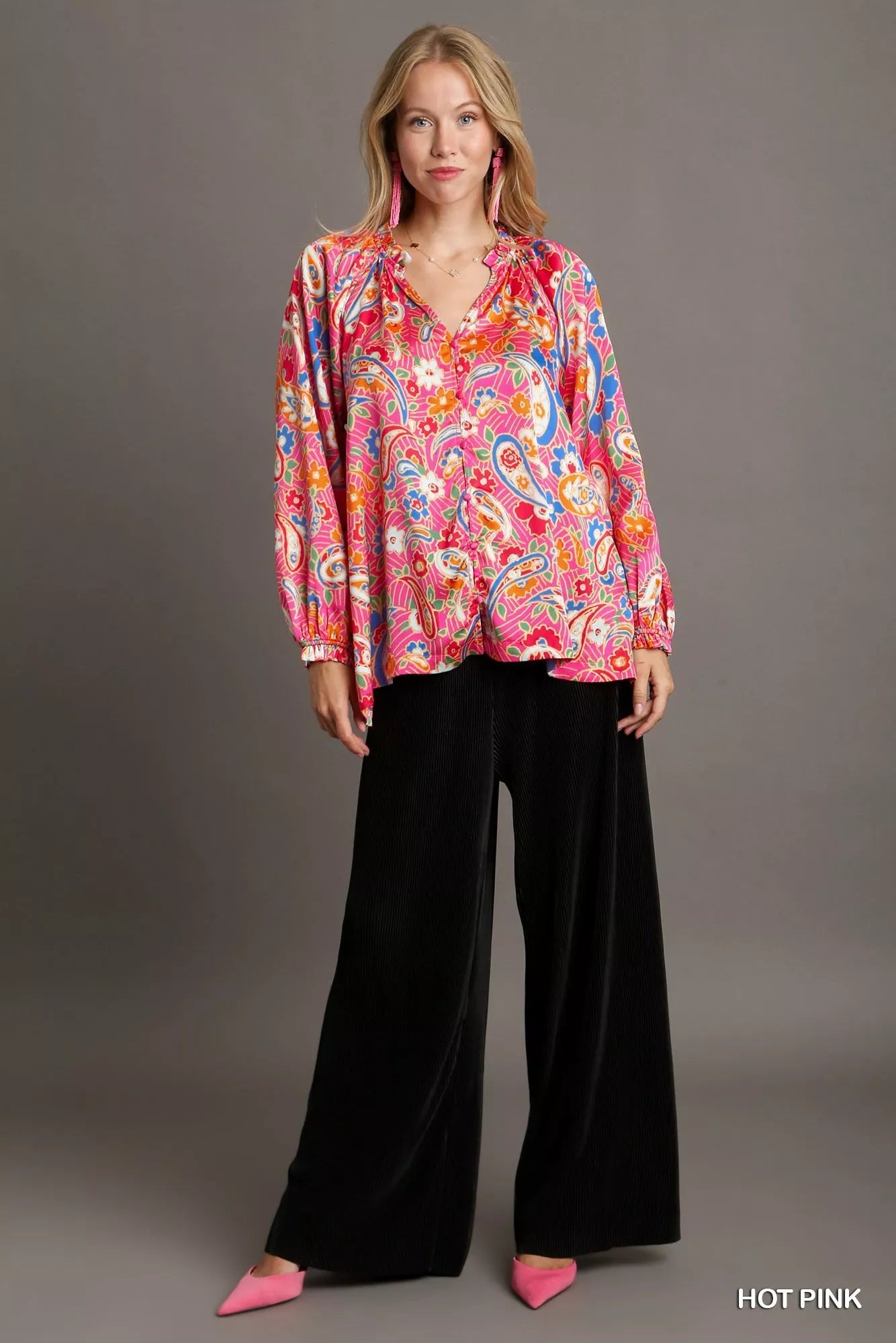 Full Size Satin Paisley Ruffle Neck Button-Up Shirt Plus Size closeup — Livostyle