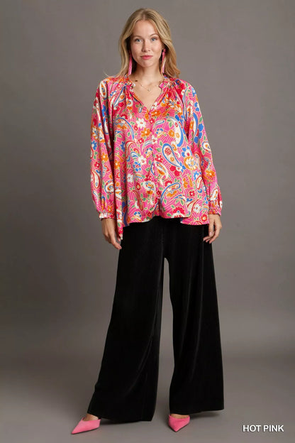 Full Size Satin Paisley Ruffle Neck Button-Up Shirt Plus Size closeup — Livostyle