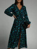 Printed Surplice Long Sleeve Midi Dress with Slit and Tie in Green