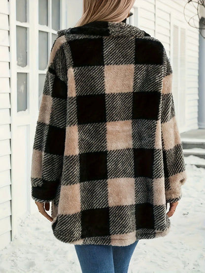 Button Down Collared Neck Plaid Teddy Coat with Pockets back view — Livostyle