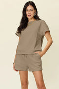 Texture Short Sleeve T-Shirt and Drawstring Shorts Set — Livostyle