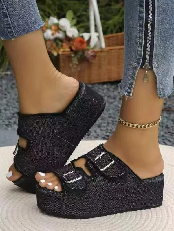 Raw Hem Wedge Buckle Sandals styling — Livostyle