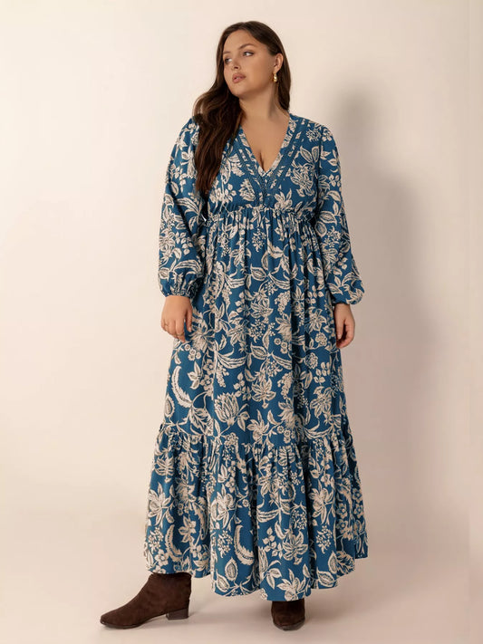 Boho Floral Ruched Long Sleeve Maxi Dress – Plus Size in Peacock  Blue