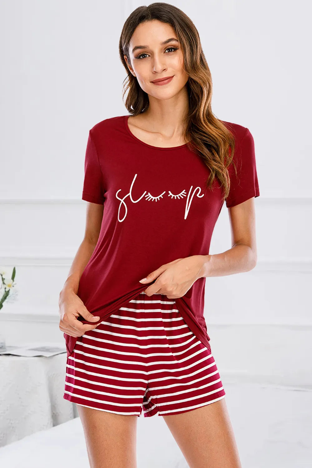 Graphic Round Neck Top and Striped Shorts Lounge Set — Livostyle