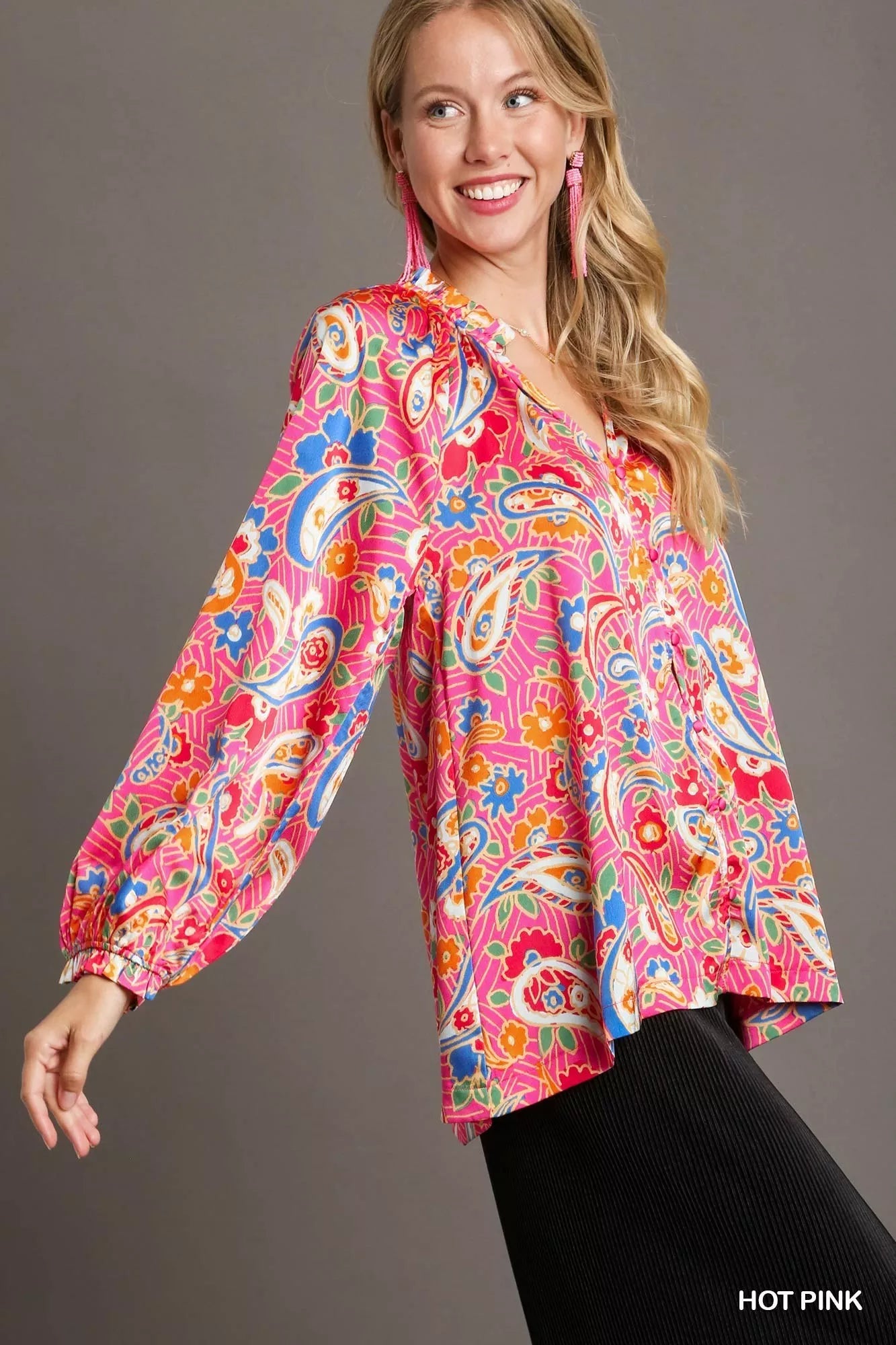 Full Size Satin Paisley Ruffle Neck Button-Up Shirt Plus Size back view — Livostyle