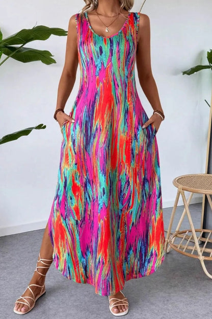 Scoop Neck Sleeveless Dress with Pockets in Hot Pink