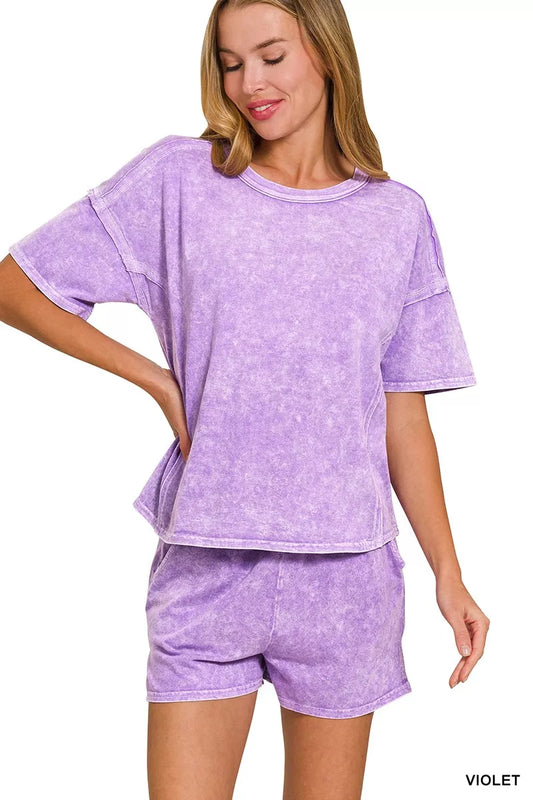 Halo Snow Washed Short Sleeve Tee and Shorts Set in VIOLET