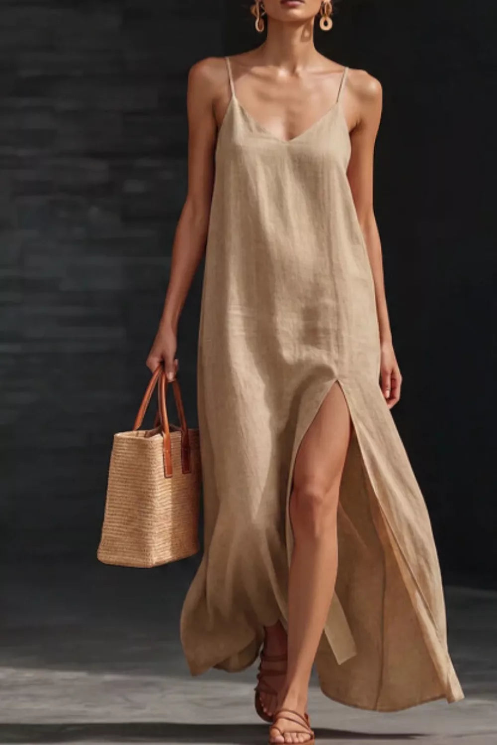 Slit V-Neck Maxi Dress in Khaki