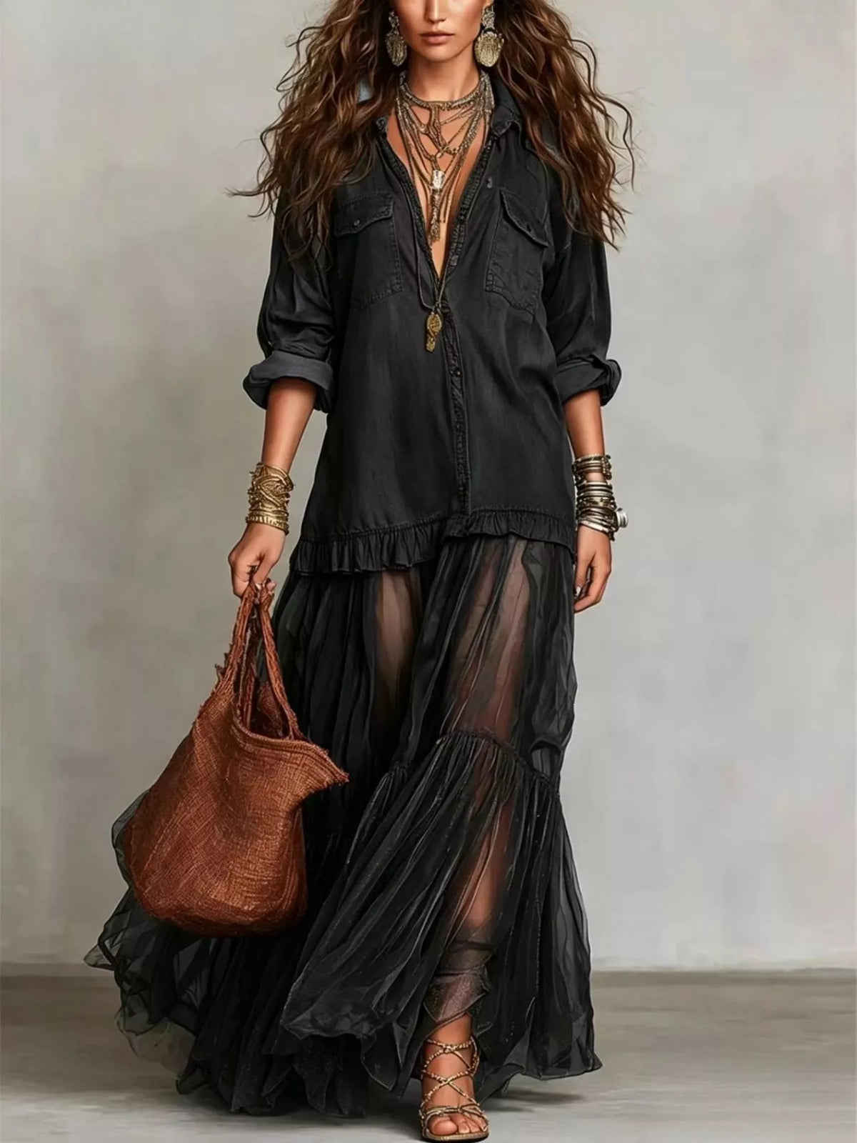 Long Sleeve Sheer Ruffle Maxi Dress in Black