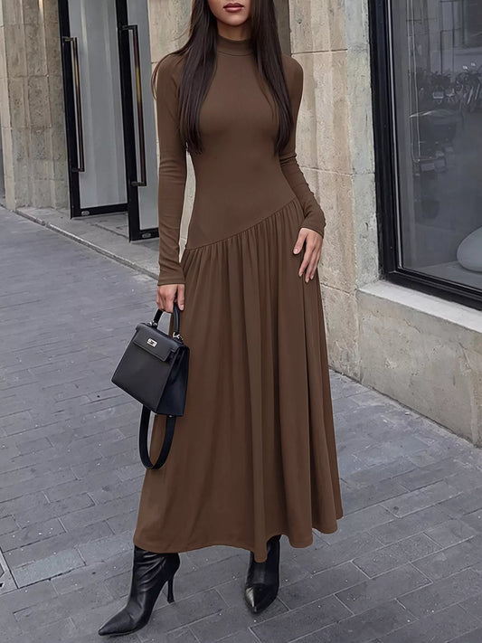 Mock Neck Ruched Long Sleeve Midi Dress