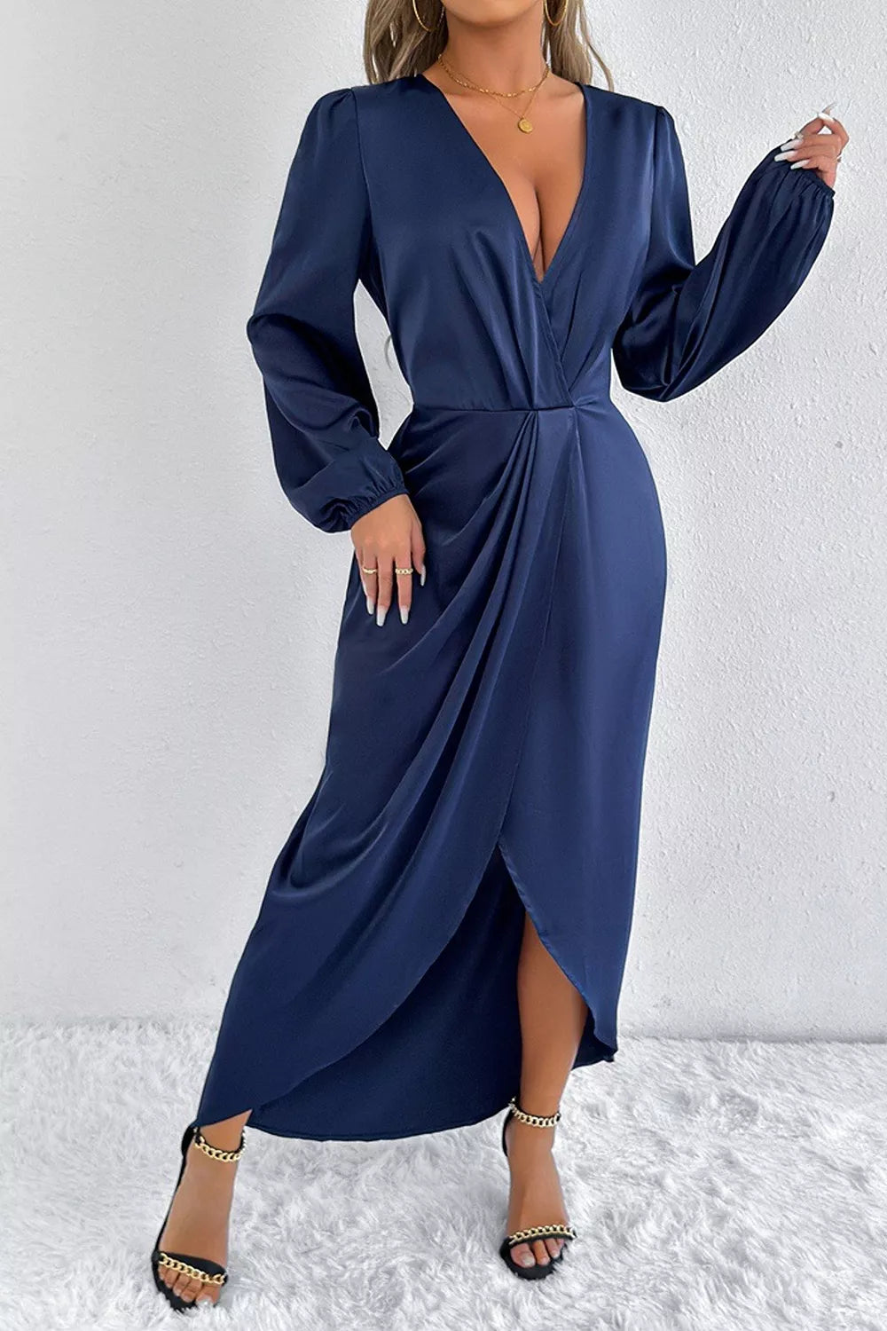 Satin Balloon Sleeve Midi Dress with Slit in Light Indigo