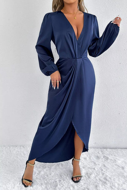 Satin Balloon Sleeve Midi Dress with Slit in Light Indigo