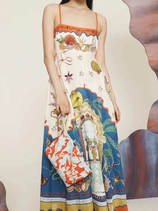 Printed Smocked Square Neck Maxi Cami Dress in Multicolor