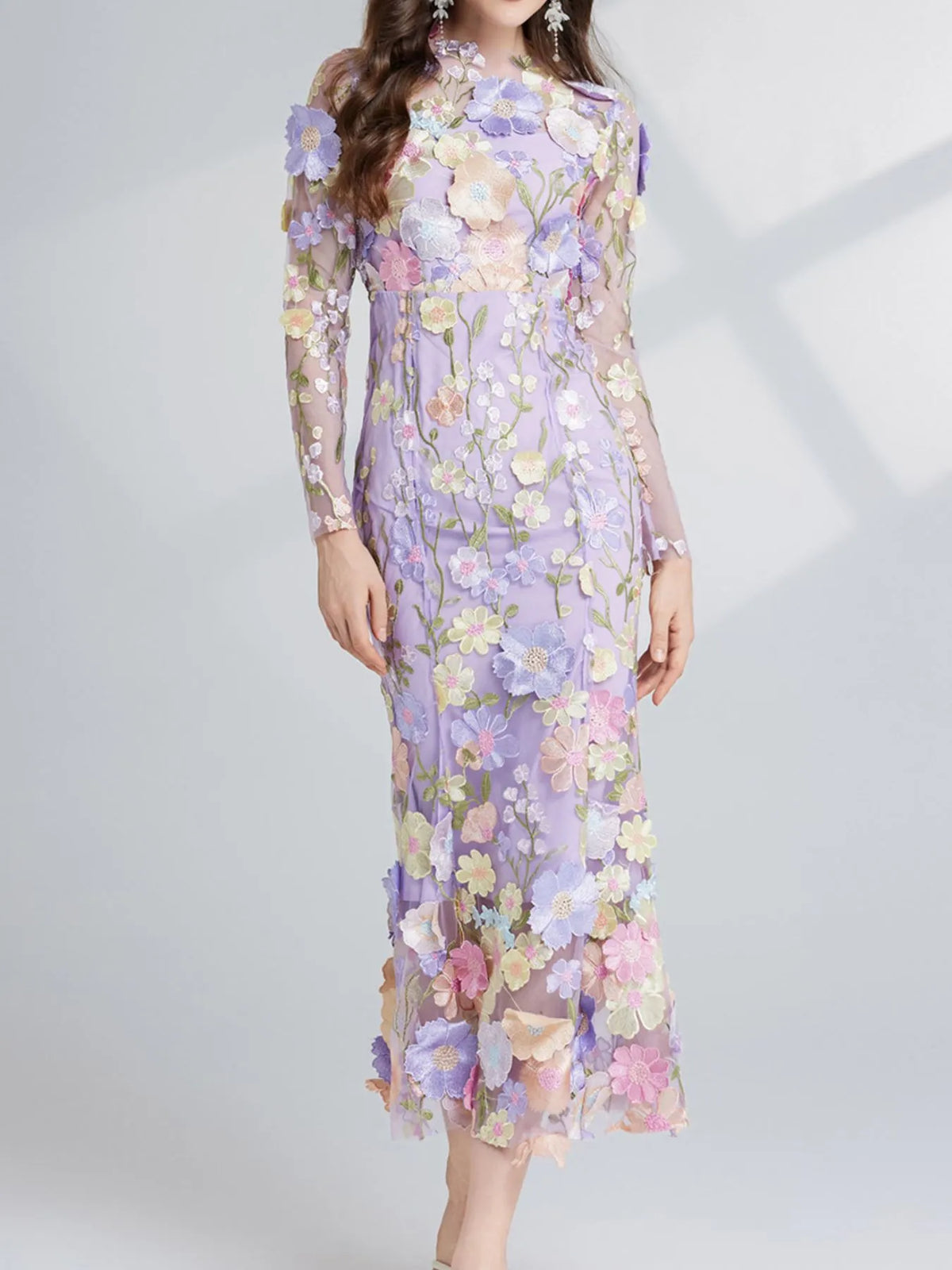 Floral Embroidered Mesh Long Sleeve Tiered Midi Dress – photo 8