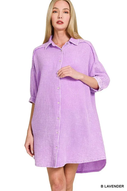 Washed Double Gauze Button Down Shirt Dress in B LAVENDER