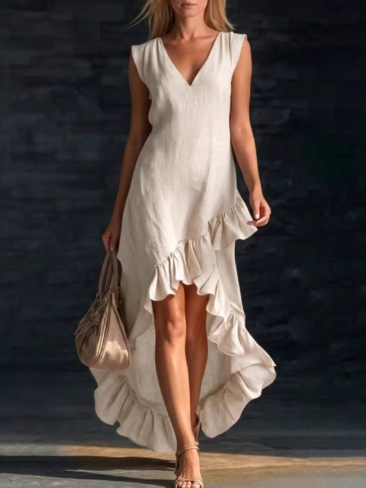 Sleeveless V-Neck Ruffle Hem High-Low Dress in Beige