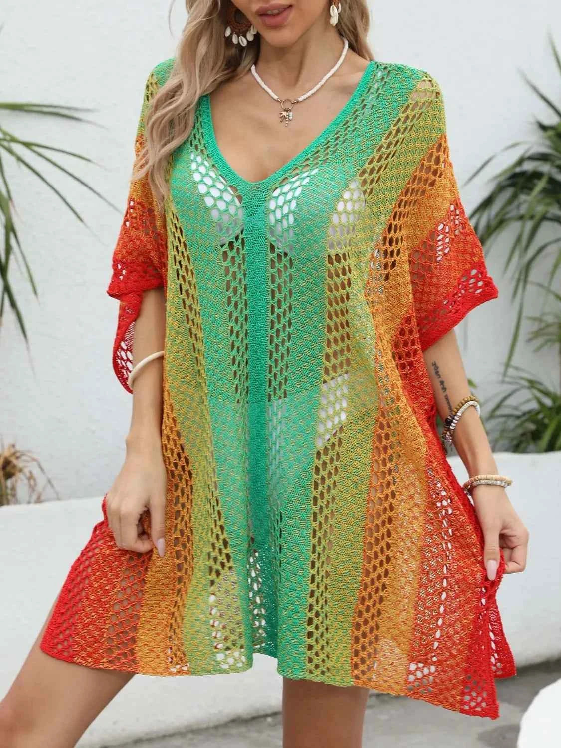 Rainbow Gradient Crochet Beach Cover Up