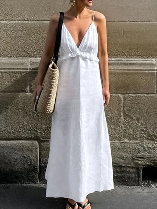 Ruffled V-Neck Cotton Maxi Dress