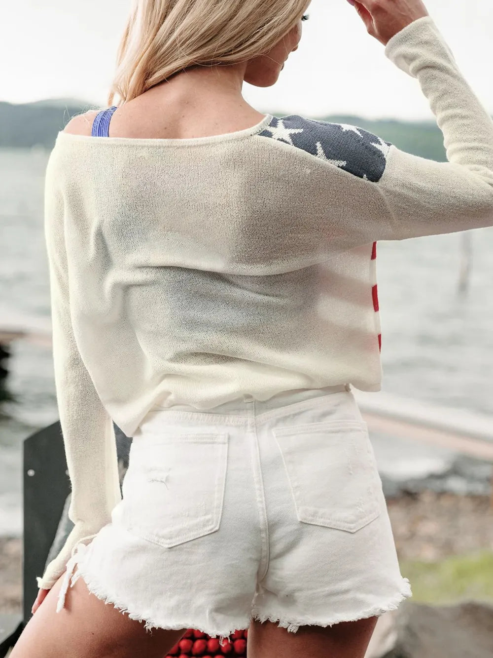 US Flag Boat Neck Long Sleeve Knit Top detail — Livostyle