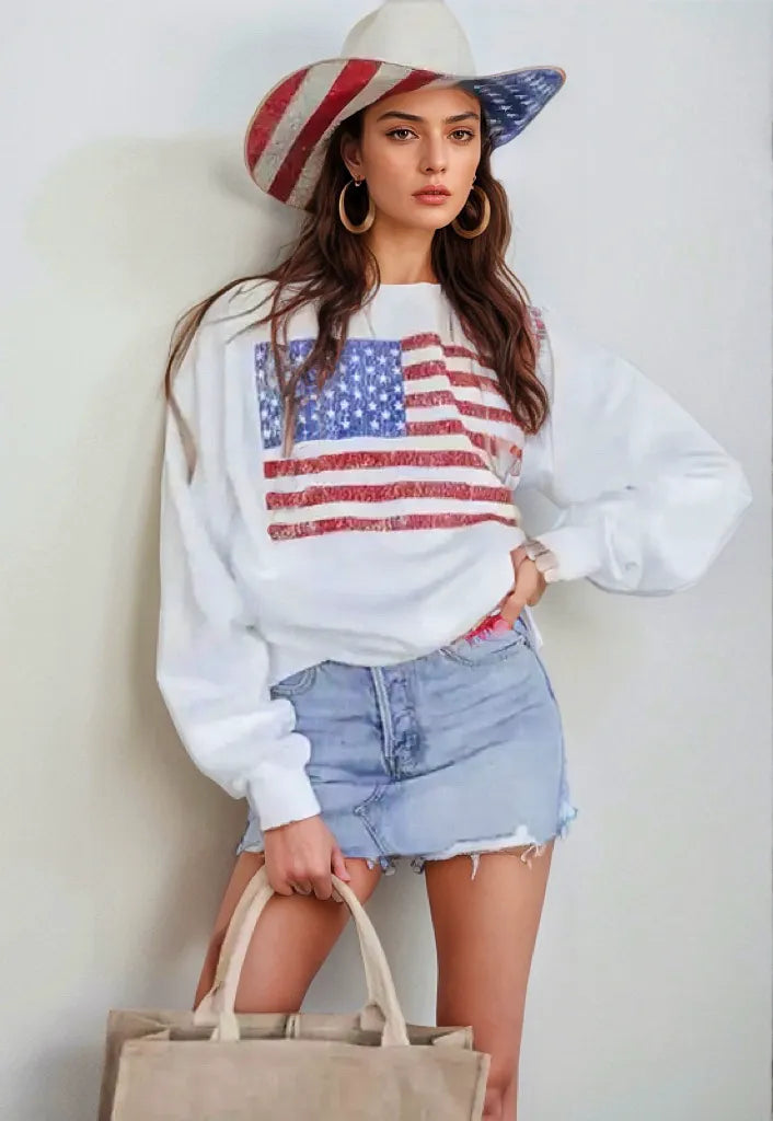 US Flag Round Neck Long Sleeve Sweatshirt styling — Livostyle
