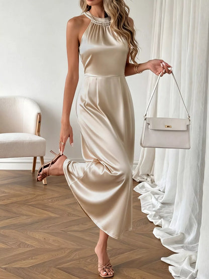 Pearl Halter Ruched Satin Midi Dress