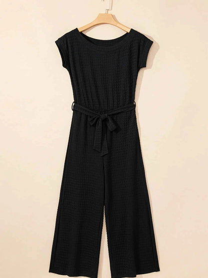 One Shoulder Short Sleeve Knotted Waist Jumpsuit