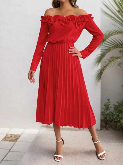 Off-Shoulder Ruffle Pleated Midi Dress in Red