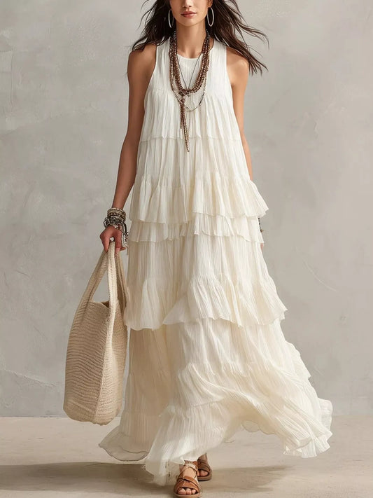 Layered Ruffle Sleeveless Maxi Dress in White
