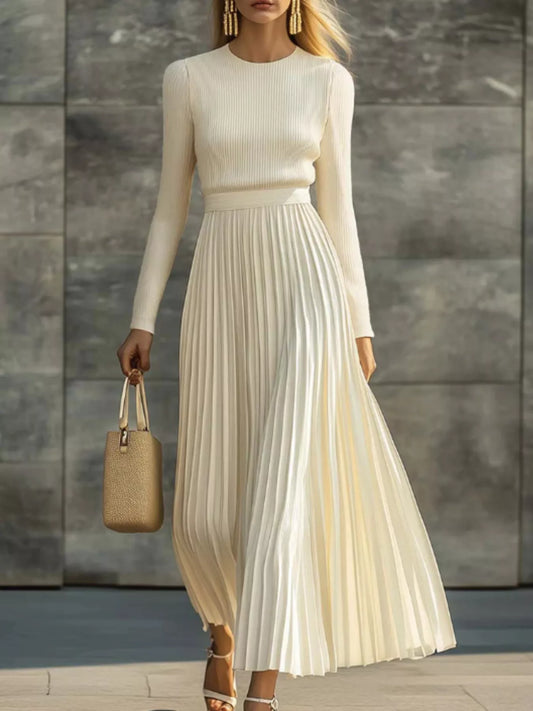 Ribbed Knit Pleated Midi Dress with Zipper in Cream White