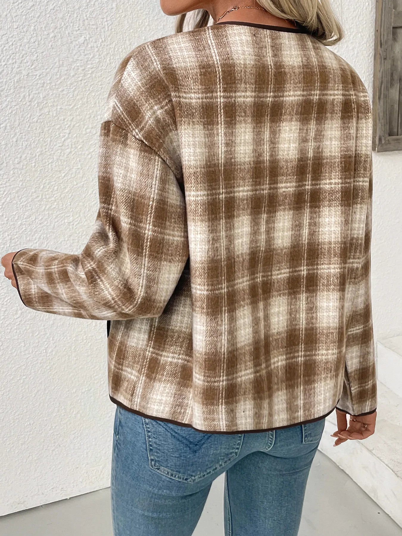 Plaid Long Sleeve Button-Up Jacket closeup — Livostyle