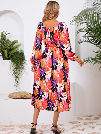 Printed Long Sleeve Midi Dress with Tie Detail