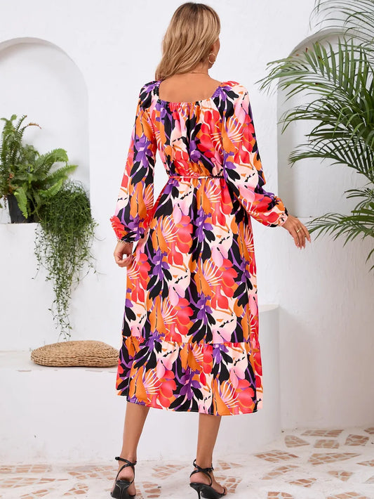 Printed Long Sleeve Midi Dress with Tie Detail