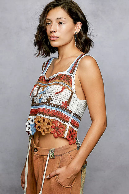 Cutout Flower Cropped Crochet Cami with with Dangle Detail back view — Livostyle