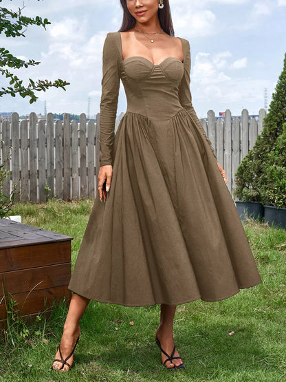 Sweetheart Neckline Long Sleeve A-Line Midi Dress – photo 9