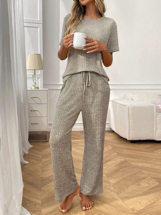 Ribbed Knit Short Sleeve Top and Pants Lounge Set — Livostyle