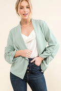 Wrinkle-Resistant Open-Front Blazer with Ruched Sleeves