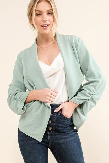 Wrinkle-Resistant Open-Front Blazer with Ruched Sleeves