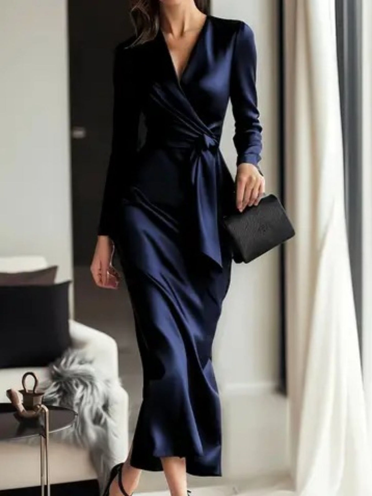 Satin Tie Waist Long Sleeve Dress in Dark Blue