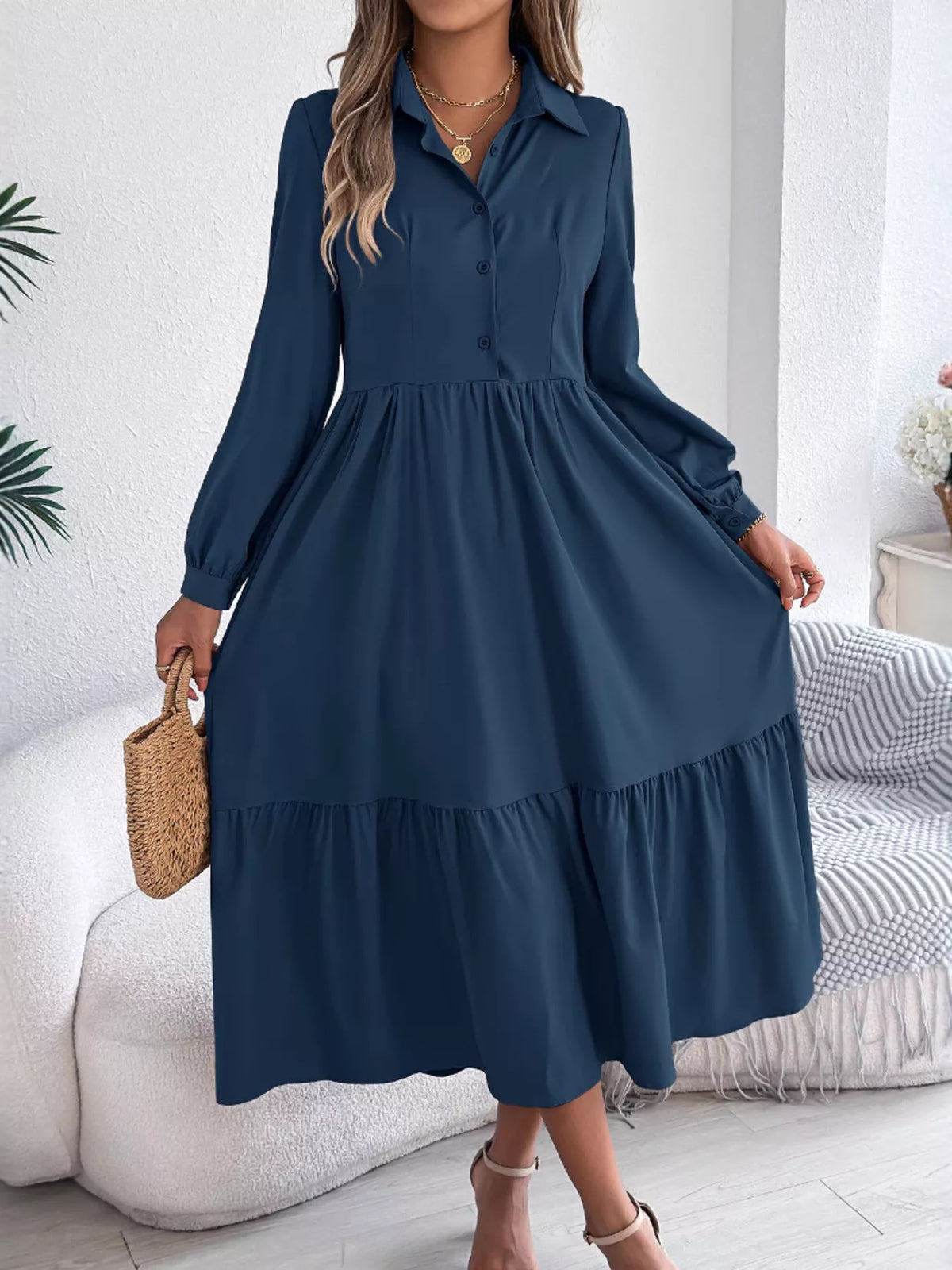Long Sleeve Tiered Button-Front Midi Dress in Navy Blue