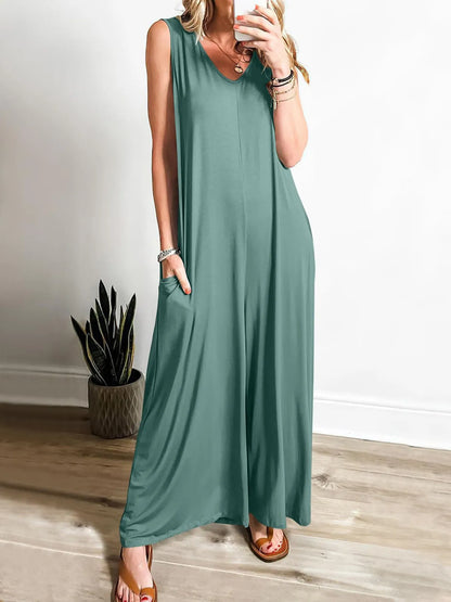Sleeveless V-Neck Jumpsuit with Pockets in Air Force Blue
